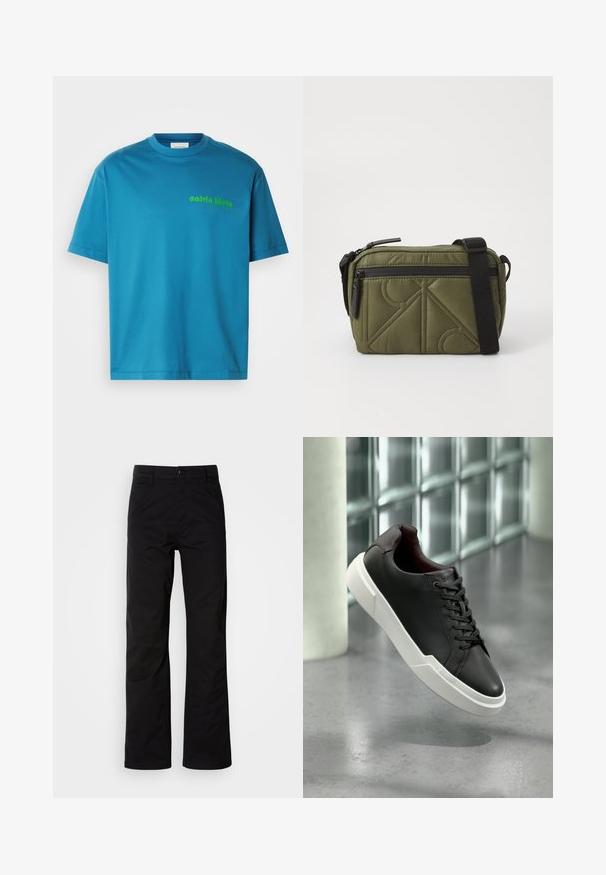 Tyrkysové bavlnené tričko, s okrúhlym výstrihom, krátkymi rukávmi, s malým zeleným logom "calvin klein" potlačeným na prednej strane. Hladká textúra.; Čierne bavlnené nohavice s rovnými nohavicami, s gombíkovým zapínaním a pútkami na opasok. Hladká textúra a minimalistický štýl bez viditeľných vzorov.; Čierna kožená teniska s hrubou bielou podrážkou a čiernymi šnúrkami, ktorá pláva nad sivou betónovou podlahou pri stene zo sklenných blokov.; Olivovo zelená prešívaná taška s čiernym popruhom, so zipsovým uzatváraním na vrchu a vonkajšou zipsovou kapsou s geometrickými vzorovými akcentmi.