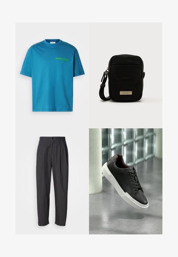 Camiseta de algodón turquesa, con cuello redondo, mangas cortas, que presenta un logo verde de "calvin klein" impreso en la parte frontal. Textura suave.; Pantalones rectos de color gris oscuro con pasadores para cinturón, cierre frontal con botón y bolsillos laterales sobre un fondo claro liso.; Zapatilla de cuero negra con suela blanca gruesa, cordones negros, flotando sobre un suelo de concreto gris cerca de una pared de bloques de vidrio.; Bolso bandolera de nylon negro con textura y forma rectangular, que cuenta con un bolsillo delantero con cremallera y una placa metálica con el logo. Incluye una correa ajustable.