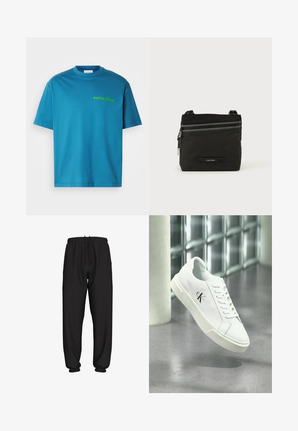 Tyrkysové bavlnené tričko, s okrúhlym výstrihom, krátkymi rukávmi, s malým zeleným logom "calvin klein" potlačeným na prednej strane. Hladká textúra.; Čierne voľné tepláky s elastickým pásom a manžetami, s nastaviteľným sťahovacím šnúrkou v páse.; Biela teniska Calvin Klein so šnúrkami, zobrazená vznášajúca sa nad leštenou betónovou podlahou a stenou z sklenených blokov.; Čierna a sivá crossbody taška Calvin Klein s mriežkovým vzorom, predným vreckom na zips a nastaviteľným pásom na bielom pozadí.