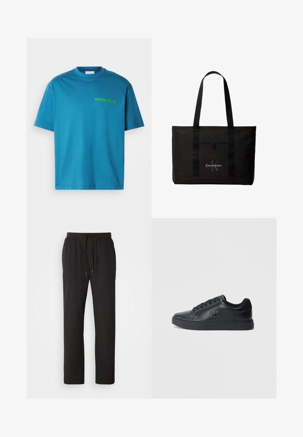 Tyrkysové bavlnené tričko, s okrúhlym výstrihom, krátkymi rukávmi, s malým zeleným logom "calvin klein" potlačeným na prednej strane. Hladká textúra.; Čierne jogger nohavice vyrobené z ľahkej tkaniny, s elastickým pásom a nastaviteľnými šnúrkami a bočnými vreckami. Hladká textúra.; Čierne kožené tenisky s viazaním, gumovou podrážkou a embosovaným logom na boku, s hladkou textúrou a minimalistickým štýlom.; Čierna taška Calvin Klein typu tote s dvoma dlhými rúčkami a predným vreckom, s logom značky v bielej a sivej farbe.