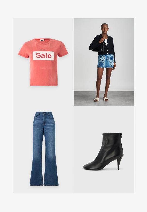 T-shirt rouge à manches courtes en coton, avec une boîte blanche portant l'inscription "Vente" en lettres rouges en gras, et un col rond.; Jean à jambe large en denim délavé moyen. Il présente une taille haute, une fermeture à bouton sur le devant et une décoloration minimale. Coupe droite de la cuisse à l'ourlet.; Bottines en cuir noir à texture lisse, bout pointu et talon stiletto mince. Dotées d'une fermeture éclair latérale pour un enfilage facile.; Un cardigan en maille noir, un haut blanc, une jupe en denim avec un motif de diamants bleus et noirs, un sac à main noir et des sandales à enfiler beiges.