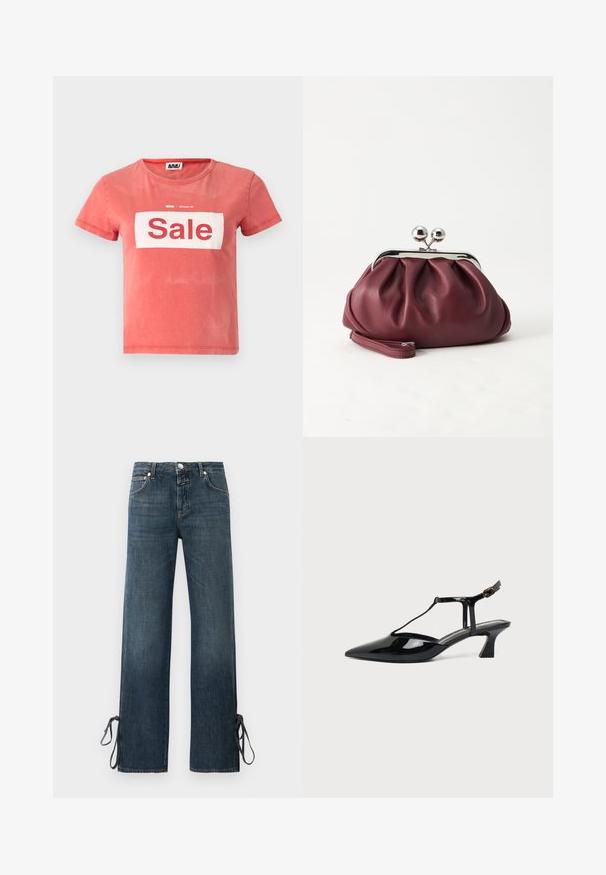 T-shirt rouge à manches courtes en coton, avec une boîte blanche portant l'inscription "Vente" en lettres rouges en gras, et un col rond.; Jean large bleu foncé avec poches avant et liens en bas des ourlets sur fond uni.; Chaussure slingback en cuir verni noir à bout pointu avec bride en T et petit talon bloc incliné sur fond blanc.; Petit sac pochette en cuir bordeaux avec fermoir métallique argenté et bracelet sur fond blanc.