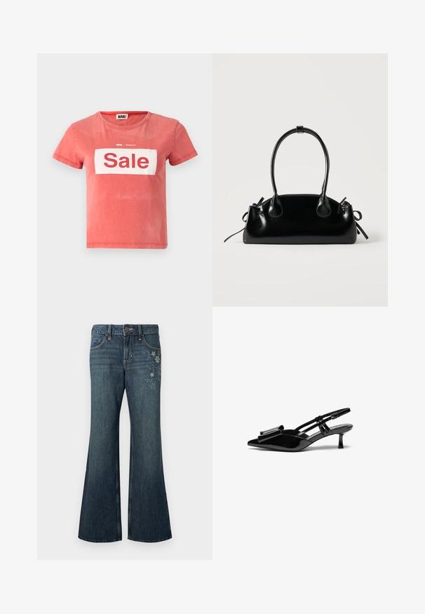 T-shirt rouge à manches courtes en coton, avec une boîte blanche portant l'inscription "Vente" en lettres rouges en gras, et un col rond.; Jean flare bleu foncé avec boutons sur le devant, poches, et broderie florale claire sur la cuisse droite sur un fond uni.; Talons aiguilles en cuir verni noir avec un bout pointu, un détail en nœud à l'avant et un petit talon stiletto. Les brides sont équipées de boucles ajustables.; Petit sac à main noir brillant avec deux longues anses et des détails à cordon sur les côtés sur un fond clair uni.