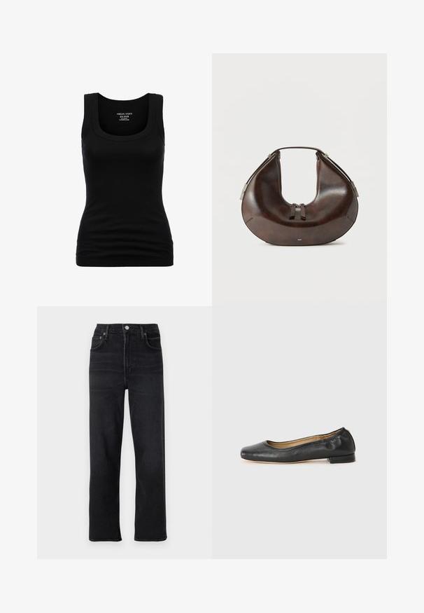 Débardeur noir à col rond et bretelles larges, en coton extensible, présentant une silhouette ajustée et une texture lisse.; Jeans droits noirs en denim. Comprend cinq poches, une fermeture à bouton et zip, et des détails de couture subtils.; Ballerines en cuir noir avec un bout arrondi et des coutures minimales. Talon bas et rectangulaire avec une texture lisse. Détails subtils de doublure intérieure.; Sac à main en cuir brun foncé en forme de croissant avec poignée supérieure et double curseur de fermeture éclair, présenté sur un fond clair uni.