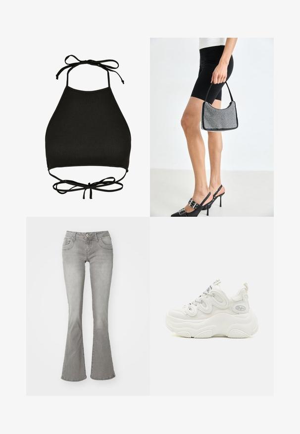 Soutien-gorge de bikini noir de style halter fabriqué en tissu côtelé ; il dispose de liens réglables au cou et d'un dos découpé avec un détail noué.; Jeans gris évasés avec une taille mi-haute, poches avant et fermeture à bouton, fabriqués en denim avec une texture lisse.; Baskets blanches chunky avec une tige en mesh et synthétique, forme incurvée, semelle texturée et système de laçage proéminent avec des détails de logo.; Sac à main à perles noires avec une silhouette courbée, une poignée de transport et une texture brillante. Porté avec des chaussures à talons hauts noires et un short noir ajusté.
