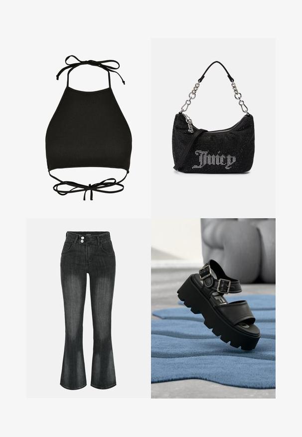 Soutien-gorge de bikini noir de style halter fabriqué en tissu côtelé ; il dispose de liens réglables au cou et d'un dos découpé avec un détail noué.; Jean en denim noir délavé à taille haute, fermeture double bouton, poches avant et jambes légèrement évasées.; Sandale plateforme noire épaisse avec deux boucles argentées sur un tapis bleu texturé, sculpture grise floue en arrière-plan.; Sac noir avec des embellissements en strass, une forme courbée et une anse en chaîne argentée. Dispose d'une fermeture éclair et du logo "Juicy" en blanc.