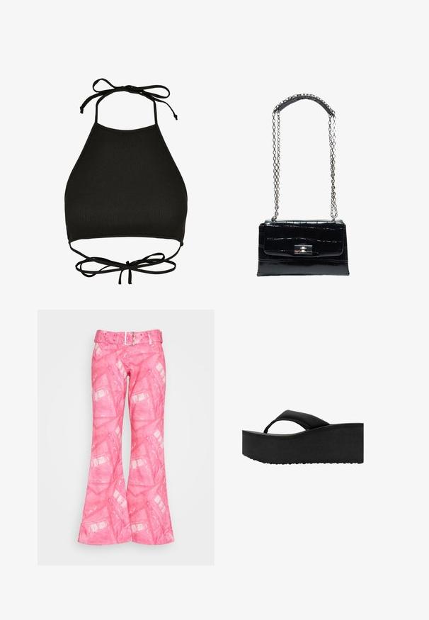 Soutien-gorge de bikini noir de style halter fabriqué en tissu côtelé ; il dispose de liens réglables au cou et d'un dos découpé avec un détail noué.; The Ragged Priest PANTS - Pantalon classique - pink; Tongs noires à semelle plate épaisse et rembourrée avec une large bride sur les orteils, vues de côté sur fond blanc.; Sac à main en cuir noir à texture crocodile avec fermoir à verrou argenté et longue chaîne argentée avec patte d'épaule en cuir.
