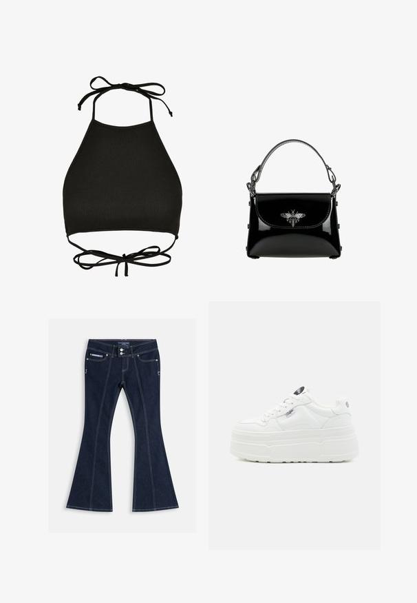 Soutien-gorge de bikini noir de style halter fabriqué en tissu côtelé ; il dispose de liens réglables au cou et d'un dos découpé avec un détail noué.; Jean flare bleu foncé avec coutures blanches, poches avant, passants de ceinture et deux boutons argentés à la taille.; Baskets plateforme blanches avec un extérieur synthétique lisse, un bout arrondi, un col rembourré et une semelle texturée. Présente une étiquette logo contrastante.; Sac à main en cuir verni noir avec une poignée supérieure et une ornementation en forme d'abeille argentée sur le rabat avant.