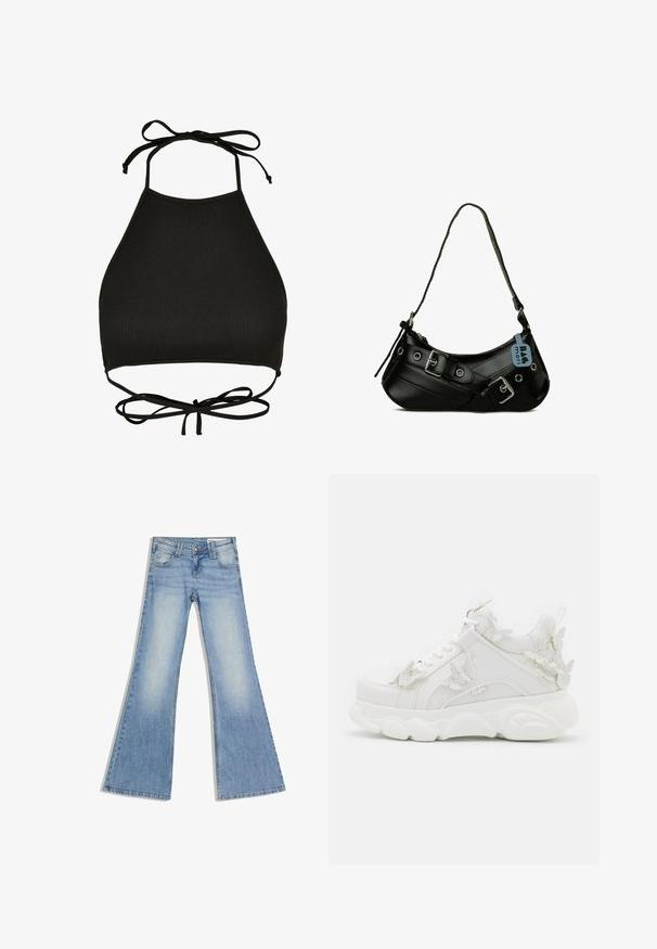 Soutien-gorge de bikini noir de style halter fabriqué en tissu côtelé ; il dispose de liens réglables au cou et d'un dos découpé avec un détail noué.; Jean en denim bleu clair à taille haute, poches avant et jambes larges évasées, posé à plat sur un fond blanc.; Baskets blanches épaisses avec une semelle épaisse et des accents décoratifs de papillons en 3D sur le côté, les lacets et le talon.; Sac à main synthétique noir avec une forme courbée, une bandoulière réglable et des boucles décoratives en métal. Présente une texture lisse et brillante.