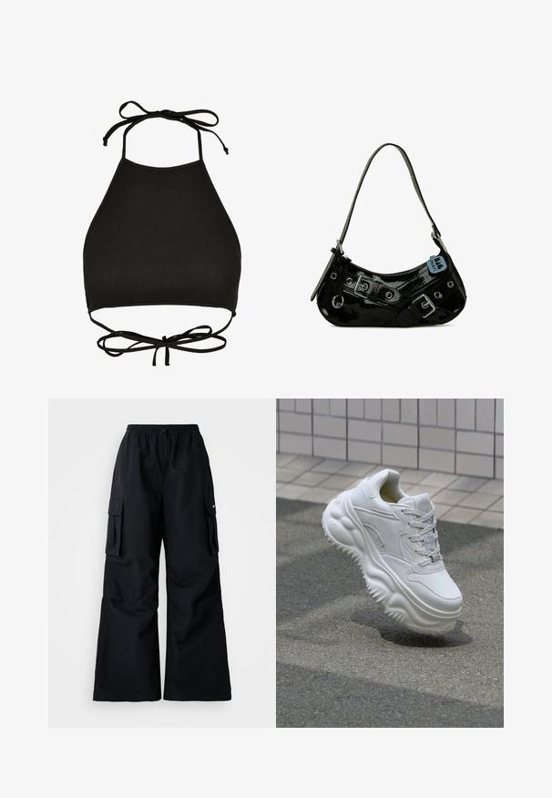 Soutien-gorge de bikini noir de style halter fabriqué en tissu côtelé ; il dispose de liens réglables au cou et d'un dos découpé avec un détail noué.; Pantalons cargos noirs avec des jambes larges, taille élastique, cordon de serrage ajustable et deux poches latérales. Fabriqués en tissu léger et lisse.; Baskets blanches en cuir avec une semelle épaisse, des détails texturés et un système de laçage. Présente des accents moulés et une finition lisse.; Sac à main en cuir verni noir avec une forme incurvée, présentant des ferrures en argent, des boucles décoratives et une bandoulière courte. Étiquette bleue attachée.