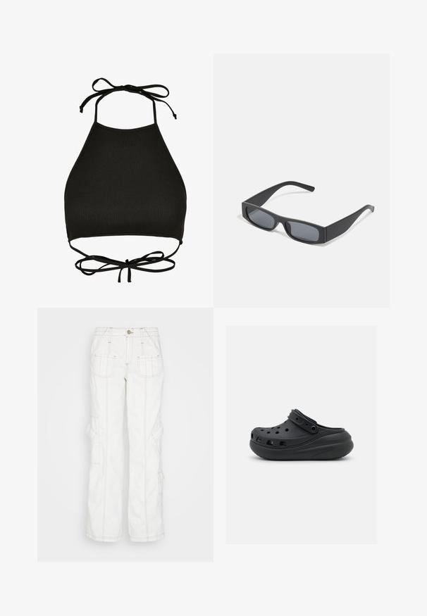 Soutien-gorge de bikini noir de style halter fabriqué en tissu côtelé ; il dispose de liens réglables au cou et d'un dos découpé avec un détail noué.; BDG Urban Outfitters Jean boyfriend - white; Sabot en caoutchouc noir avec des rainures de ventilation, un talon surélevé et une sangle ajustable. Texture lisse et forme arrondie.; Lunettes de soleil noires rectangulaires avec des verres foncés et des montures en mat épais. Les branches sont légèrement effilées avec une texture lisse.
