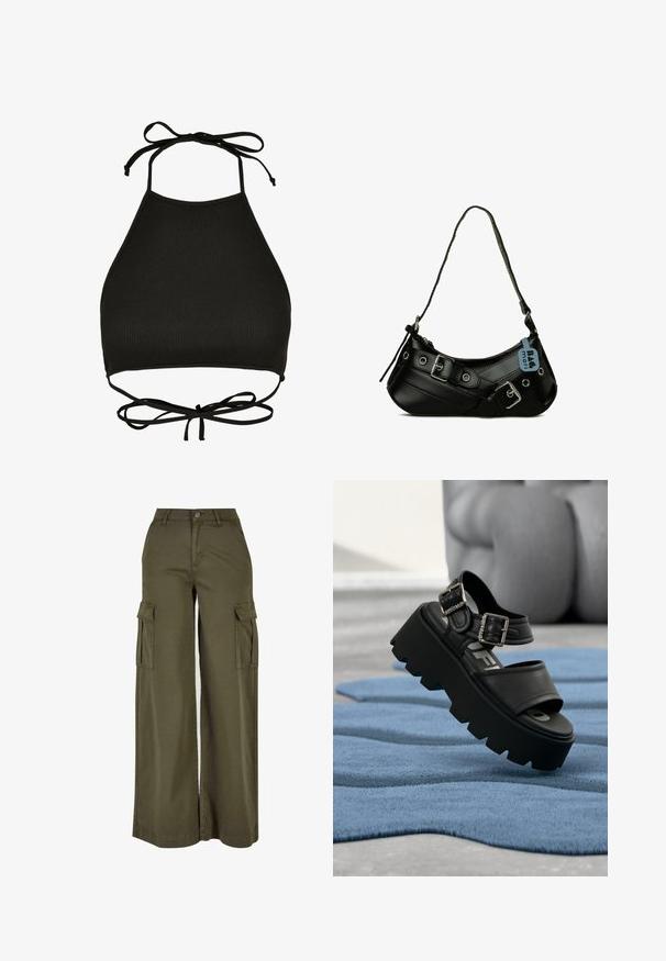 Soutien-gorge de bikini noir de style halter fabriqué en tissu côtelé ; il dispose de liens réglables au cou et d'un dos découpé avec un détail noué.; Pantalons cargo larges en vert olive avec deux poches latérales, fabriqués à partir d'un tissu doux et durable. Présente une couture détaillée et une fermeture à bouton.; Sandale plateforme noire épaisse avec deux boucles argentées sur un tapis bleu texturé, sculpture grise floue en arrière-plan.; Sac à main synthétique noir avec une forme courbée, une bandoulière réglable et des boucles décoratives en métal. Présente une texture lisse et brillante.