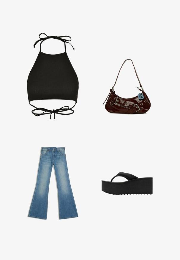 Soutien-gorge de bikini noir de style halter fabriqué en tissu côtelé ; il dispose de liens réglables au cou et d'un dos découpé avec un détail noué.; Jean en denim bleu avec une jambe évasée, des poches avant et une fermeture à boutons, présenté sur fond blanc.; Tongs noires à semelle plate épaisse et rembourrée avec une large bride sur les orteils, vues de côté sur fond blanc.; Sac à main en cuir verni bordeaux avec une forme courbée, accents en métal argenté et une boucle décorative. Il présente une courte bandoulière et une fermeture éclair.