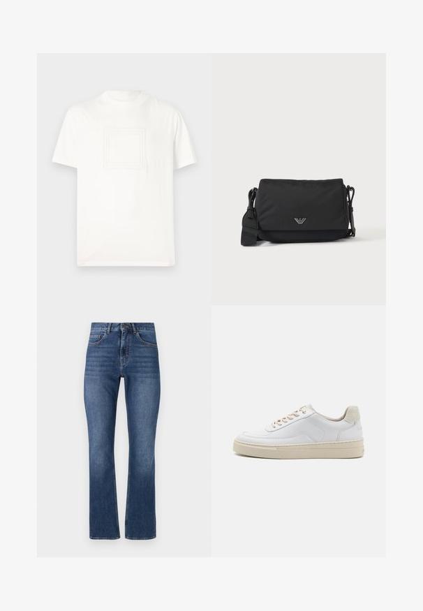 Weißes T-Shirt mit kurzen Ärmeln aus glattem Baumwollstoff, mit einem strukturierten quadratischen Logo auf der Vorderseite. Rundhalsausschnitt und lässige Passform.; Blaue Denim-Jeans mit geradem Bein, ausgestattet mit Standardtaschen und einem gesteppten Bund, in einer mittleren Waschung und mit subtilen Wascheffekten.; Weiße Sneaker mit einem glatten Lederobermaterial, beigen Schnürsenkeln und einer strukturierten, beigen Wildleder-Fersenschlaufe. Erhöhte Sohle für zusätzlichen Komfort.; Schwarze Umhängetasche mit verstellbarem Riemen und kleinem silbernem Logoemblem auf der Vorderklappe, dargestellt auf einfachem hellem Hintergrund.