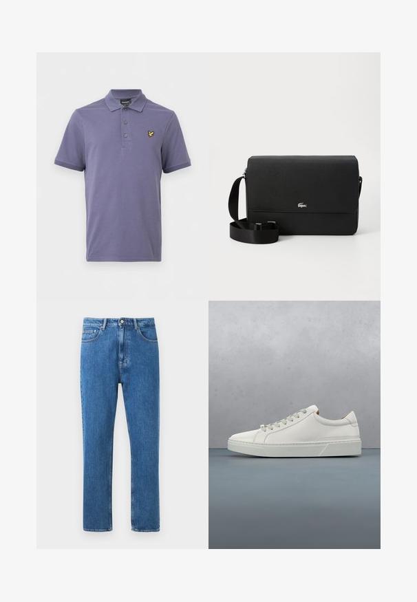 Polo manches courtes violet avec trois boutons et un petit logo d'oiseau jaune sur le côté gauche de la poitrine.; Jean en denim bleu coupe droite avec design classique à cinq poches, fermeture à boutons et passants pour ceinture sur fond blanc.; Baskets en cuir blanc avec un bout arrondi, design minimaliste, lacets gris et semelle en caoutchouc gris texturé. Détails de couture subtils visibles.; Sac en cuir noir à bandoulière avec une texture lisse, un rabat avant, un accent logo argenté et une bandoulière en tissu réglable.