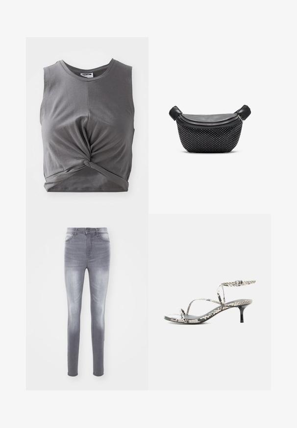 Γκρι αμάνικο crop top φτιαγμένο από απαλό βαμβάκι, με λεπτομέρεια στριφτού μπροστινού μέρους και εφαρμοστή σχεδίαση. Λείο υλικό με στρογγυλή λαιμόκοψη.; Λεπτά τζιν σε ξεθωριασμένο γκρι τζιν, με ψηλή μέση, τυπικό σχέδιο πέντε τσεπών και διακριτική φθορά μπροστά.; Πέδιλο με ψηλό τακούνι και λουράκια με σχέδιο δέρματος φιδιού, λεπτά λουράκια, αγκράφα στον αστράγαλο και λεπτό μαύρο τακούνι σε λευκό φόντο.; Μαύρη τσάντα χειρός με λείο δερμάτινο πάνω μέρος και υφή στη βάση καλυμμένη με ασημί καρφιά, με κλείσιμο φερμουάρ και διπλές λαβές.