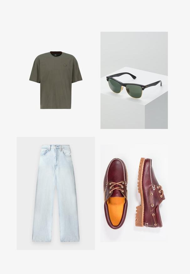 Camiseta de manga corta color verde oliva hecha de algodón, con escote redondo y un pequeño logo dorado bordado en el lado izquierdo del pecho.; Pantalones de mezclilla azul claro con un corte holgado, cintura alta, diseño de cinco bolsillos y piernas rectas. Textura desgastada con detalles de costura visibles.; Zapatos de cuero burdeos con suelas de goma marrón, puntera redonda, costuras blancas y ojales dorados. El interior cuenta con un forro amarillo.; Gafas de sol Ray-Ban con lentes verdes, montura de plástico negro y acentos dorados en los bordes. Forma cuadrada con acabado mate.