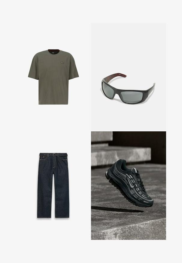Camiseta de manga corta color verde oliva hecha de algodón, con escote redondo y un pequeño logo dorado bordado en el lado izquierdo del pecho.; Vaqueros de mezclilla azul oscuro de pierna recta con trabillas para cinturón y un cinturón negro, bolsillos delanteros y costuras visibles sobre un fondo blanco.; Zapatilla Nike Air Max negra y gris flotando sobre escalones de hormigón gris con fondo de suelo texturizado.; Arnette HOT SHOT - Gafas de sol - dark grey