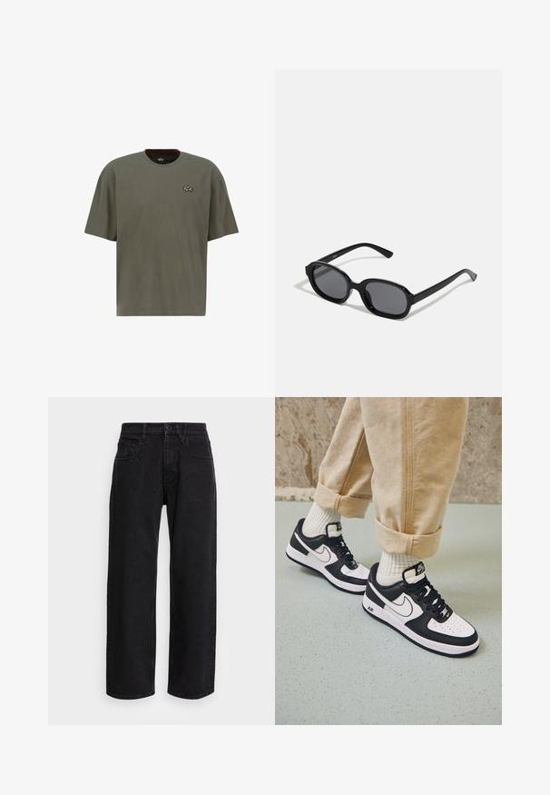 Olijfgroen T-shirt met korte mouwen van katoen, voorzien van een ronde halslijn en een klein gouden geborduurd logo op de linkerborst.; Zwarte denim wide-leg broek met een hoge taille, voorzien van vijf zakken en een knoopsluiting. Stof heeft een zachte textuur en een lichte rek.; Zwart-witte Nike Air Force 1 sneakers met een leren bovenwerk, geperforeerde neus en gestructureerde zooldetails, gedragen met opgerolde beige broek en witte sokken.; Zign by Zalando Zonnebril - black