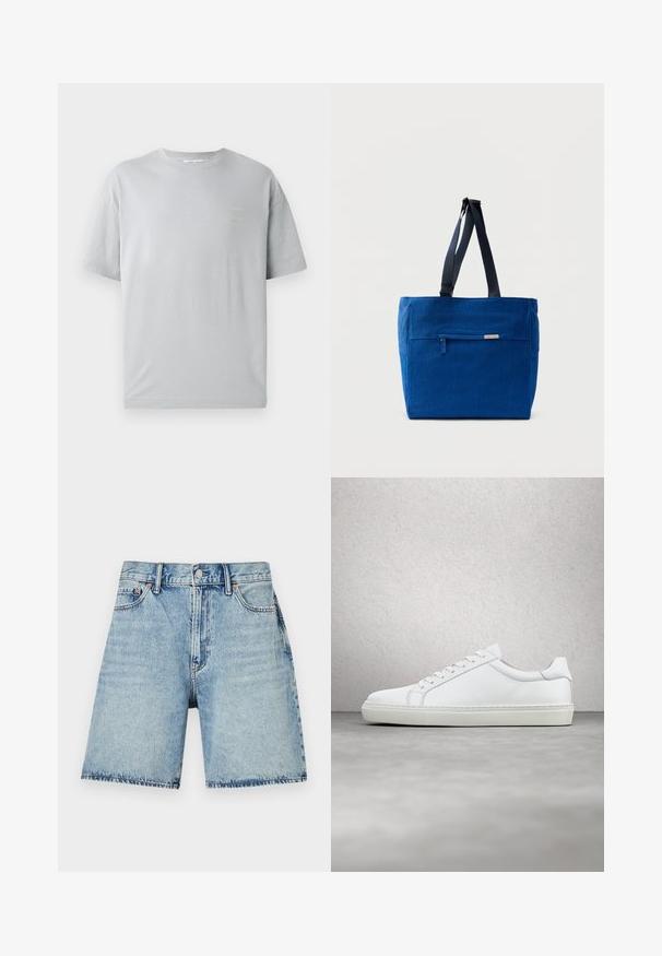 T-shirt en coton gris avec une coupe décontractée, des manches courtes et un petit texte jaune sur le devant. Texture douce et col rond classique.; Shorts en denim bleu clair à coupe droite, avec cinq poches et des coutures visibles. Fermeture à boutons à l'avant.; Sneaker blanche avec une tige en cuir lisse et un profil bas. Présente un bout arrondi, six œillets et une semelle en caoutchouc texturé.; Sac fourre-tout en toile bleue avec une poche zippée à l'avant, des doubles bretelles et une forme rectangulaire. Dispose d'une étiquette de marque discrète.