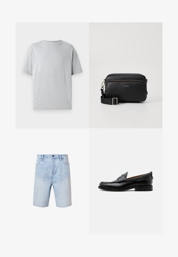 T-shirt en coton gris avec une coupe décontractée, des manches courtes et un petit texte jaune sur le devant. Texture douce et col rond classique.; Shorts en denim bleu clair avec une coupe regular, design à cinq poches et une fermeture à bouton. Présente un léger délavage et un ourlet cousu.; Mocassin homme en cuir noir avec couture moc toe, bride penny, col texturé et petit talon empilé sur fond blanc.; Sac en cuir noir à bandoulière avec deux compartiments zippés, finition texturée, sangle ajustable et accents en métal argenté. Logo Calvin Klein affiché.