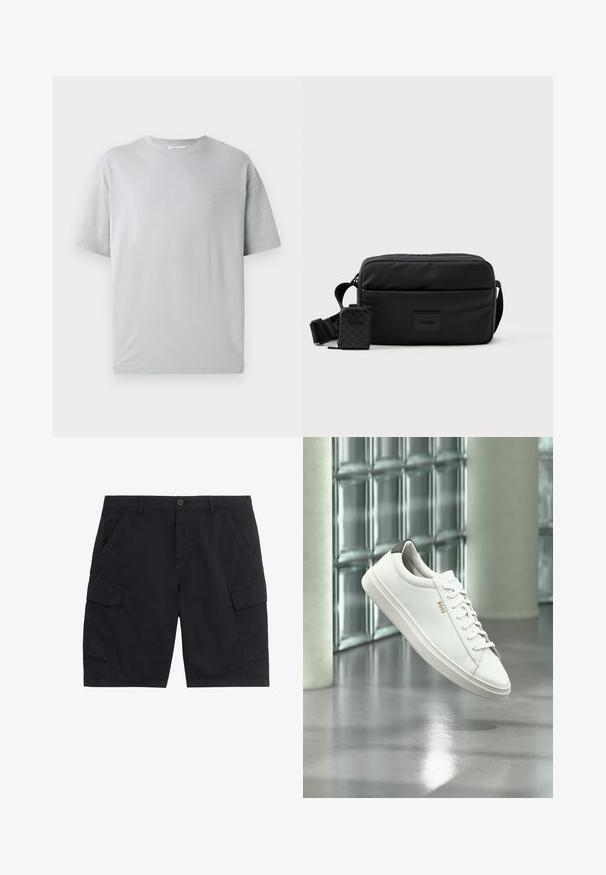 T-shirt en coton gris avec une coupe décontractée, des manches courtes et un petit texte jaune sur le devant. Texture douce et col rond classique.; Shorts cargo noirs avec bouton et fermeture éclair à l'avant, deux poches latérales, deux poches cargo à rabat et passants pour ceinture.; Baskets basses en cuir blanc avec lacets, languette de talon noire et logo « BOSS », flottant à l'intérieur près d'un mur en blocs de verre et d'un sol poli.; Sac en bandoulière noir en nylon lisse, de forme rectangulaire, avec une petite pochette amovible et une bandoulière réglable.