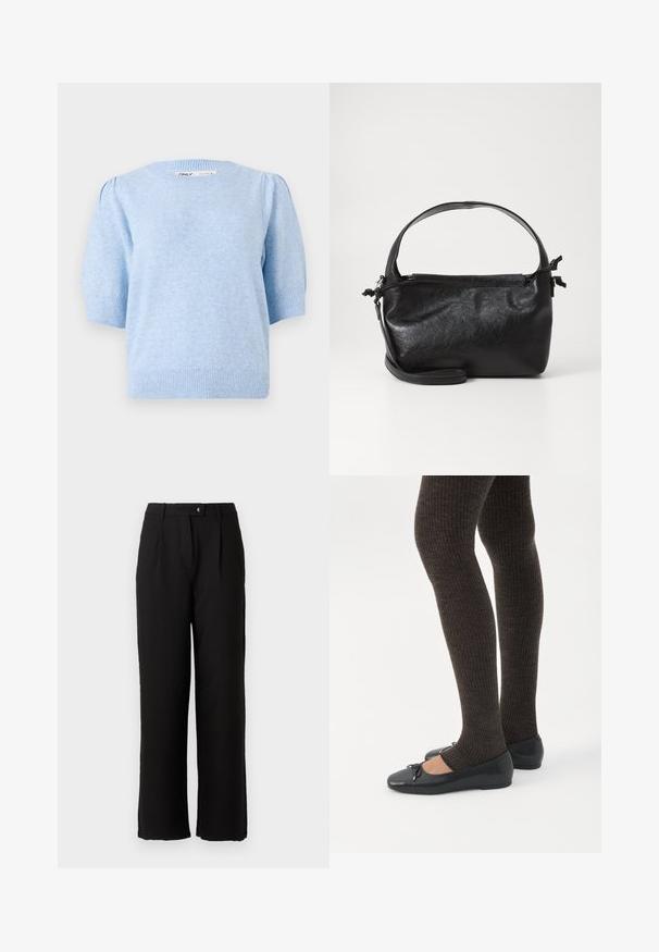 Pull en tricot bleu clair avec un col rond, des manches courtes bouffantes et un ourlet côtelé. Texture douce avec un motif légèrement chiné.; Pantalon noir en tissu lisse, avec une coupe droite, des plis sur le devant et une fermeture à bouton standard à la taille.; Jambes portant des leggings côtelés foncés associés à des ballerines noires avec de petits détails en nœud sur fond blanc.; Sac à main en cuir noir au design structuré, avec une poignée arrondie et une bandoulière amovible. Présente une texture lisse et un éclat subtil.