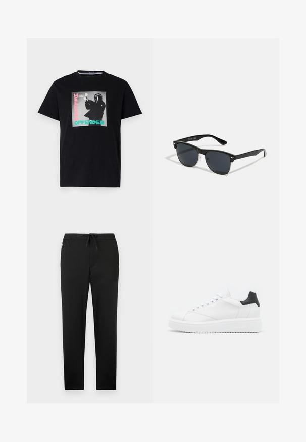 T-shirt en coton noir avec un imprimé graphique comportant le texte "WEEKEND OFFENDER" et "London Calling", mis en valeur en turquoise et rose.; Jack & Jones Joggers Tapered Fit - Pantalon classique - black; Baskets en cuir blanc avec un empiècement noir à l'arrière, lacets plats, semelle intermédiaire texturée et logo sur le côté extérieur. Conçues pour une utilisation décontractée.; Lunettes de soleil noires de forme rectangulaire, verres foncés, accents argentés aux tempes et finition mate sur la monture.