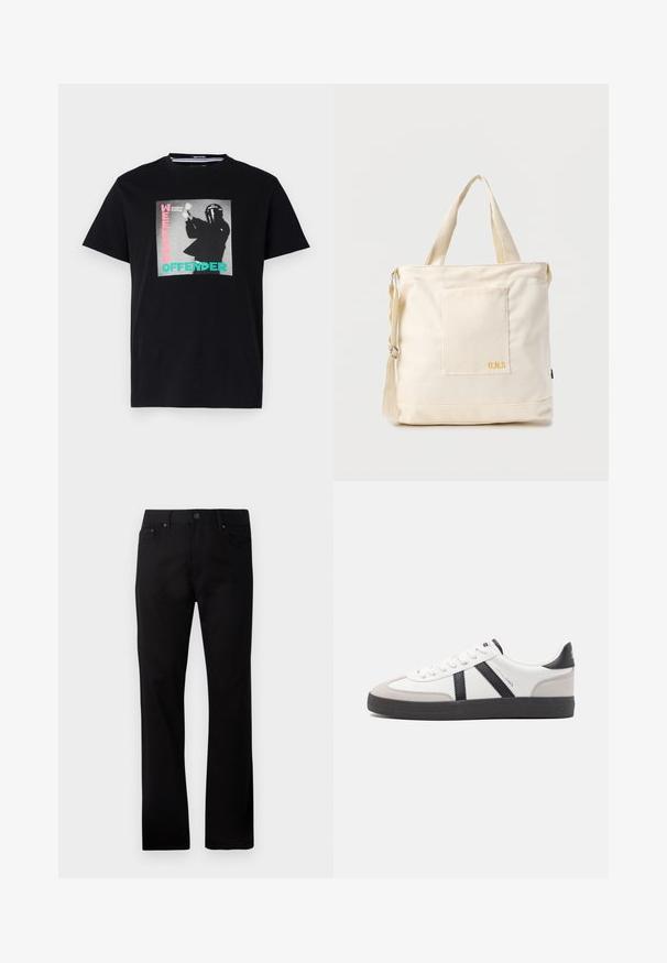 T-shirt en coton noir avec un imprimé graphique comportant le texte "WEEKEND OFFENDER" et "London Calling", mis en valeur en turquoise et rose.; Jean noir à jambe droite en denim, avec une fermeture à bouton à l'avant, deux poches latérales et une texture lisse.; Baskets blanches avec des accents noirs et gris, présentant un embout texturé gris, une semelle en caoutchouc noir et des lacets plats blancs. Design épuré, style minimaliste.; Sac fourre-tout en toile crème avec poche avant, deux poignées, bandoulière réglable et petit texte jaune "O.N.S" en bas à droite de la poche.