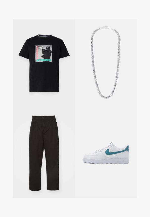 Zwarte katoenen t-shirt met een grafische print met de tekst "WEEKEND OFFENDER" en "London Calling", benadrukt in turquoise en roze.; Zwarte broek van gladde stof, met knoopsluiting, rechte snit en twee voorplooien voor extra detail.; Nike Sportswear AIR FORCE ESSENTIAL - Sneakers laag - white/smokey blue; Zilveren metalen kettinghalsband met verweven schakels, een gladde textuur en een verstelbare sluiting voor het aanpassen van de lengte.