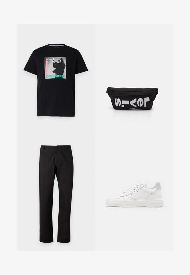 Zwarte katoenen t-shirt met een grafische print met de tekst "WEEKEND OFFENDER" en "London Calling", benadrukt in turquoise en roze.; Zwarte broek met een rechte snit. Gemaakt van gladde stof en voorzien van een sluiting met knoop aan de voorkant en riemlussen. Geen zichtbare patronen of accenten.; Witte leren sneakers met een gladde afwerking, ronde neus, platte veters en een gestructureerde zool. Grijze suède accent bij de hiel.; Zwarte stoffen tas met een platte vorm, voorzien van vet witte tekst. De ritssluiting bevindt zich aan de bovenkant, met een lus-detail aan één kant.
