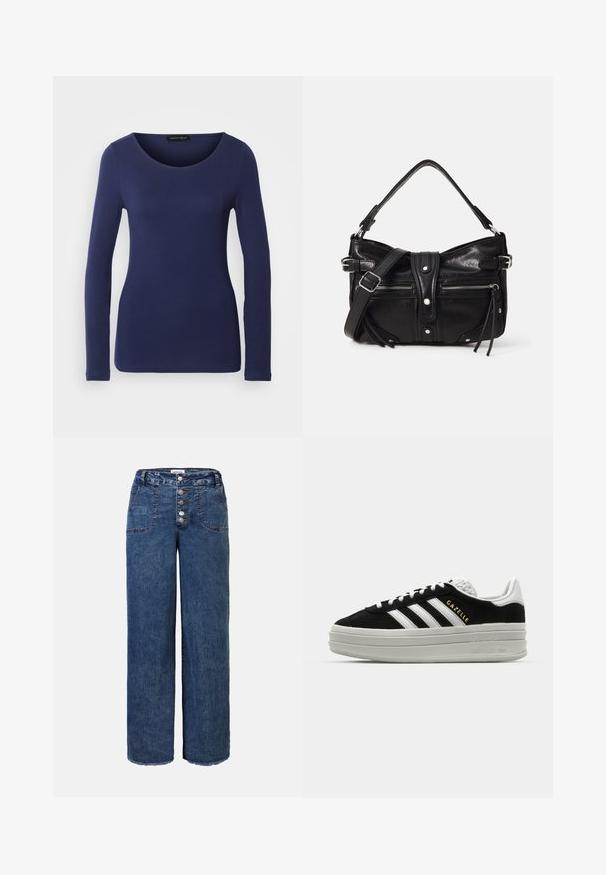 Camiseta de manga larga en color navy, hecha de material suave, con un escote redondo y un diseño ajustado. Sin patrones ni acentos visibles.; Jeans de denim de pierna ancha en azul oscuro. Presenta un cierre de botones, cinco bolsillos y un dobladillo deshilachado. Textura suave con costuras visibles.; Zapatillas negras de ante con detalles en cuero blanco, tres rayas blancas, cordones planos y una gruesa suela de plataforma gris. Marca "Gazelle" en dorado.; Even&Odd by Zalando H24462 - Bolso de mano - black