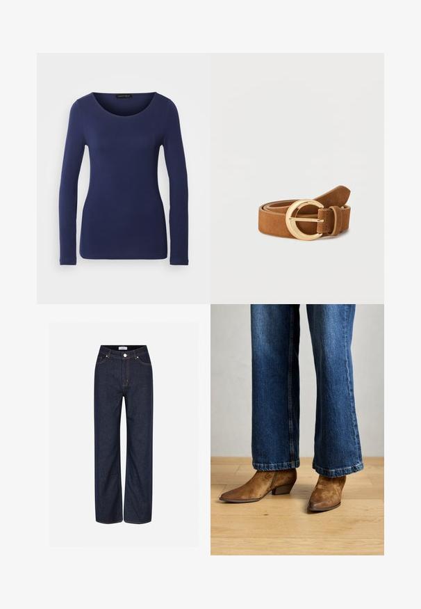 Marineblauw langemouwen T-shirt van zacht materiaal met een ronde halslijn en een getailleerd ontwerp. Geen zichtbare patronen of accenten.; Donkerblauwe wijde jeans van denim, met grote zakken, contrasterende oranje stiksels en een knoopsluiting in de taille.; Bruine suède enklaarzen met een spitse neuzen en een kleine hak, gecombineerd met donkerblauwe flared jeans, op een houten vloer.; Bruine suède riem opgerold met een ronde, glanzende gouden gesp op een witte achtergrond.