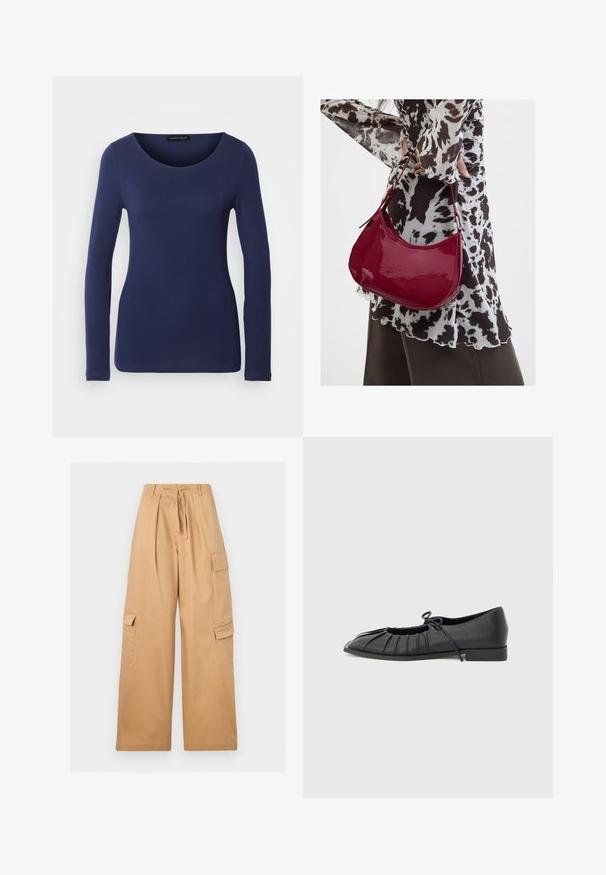 Camiseta de manga larga en color navy, hecha de material suave, con un escote redondo y un diseño ajustado. Sin patrones ni acentos visibles.; Pantalones cargo beige de pierna ancha con pliegues delanteros, bolsillos laterales con solapa, trabillas para cinturón y cinturón de tela en la cintura.; Zapato plano negro con diseño delantero plisado y un lazo atado en la parte superior, tacón bajo y textura lisa sobre un fondo gris claro.; Mujer con blusa de estampado en blanco y negro sosteniendo un bolso de hombro rojo brillante sobre un fondo liso.