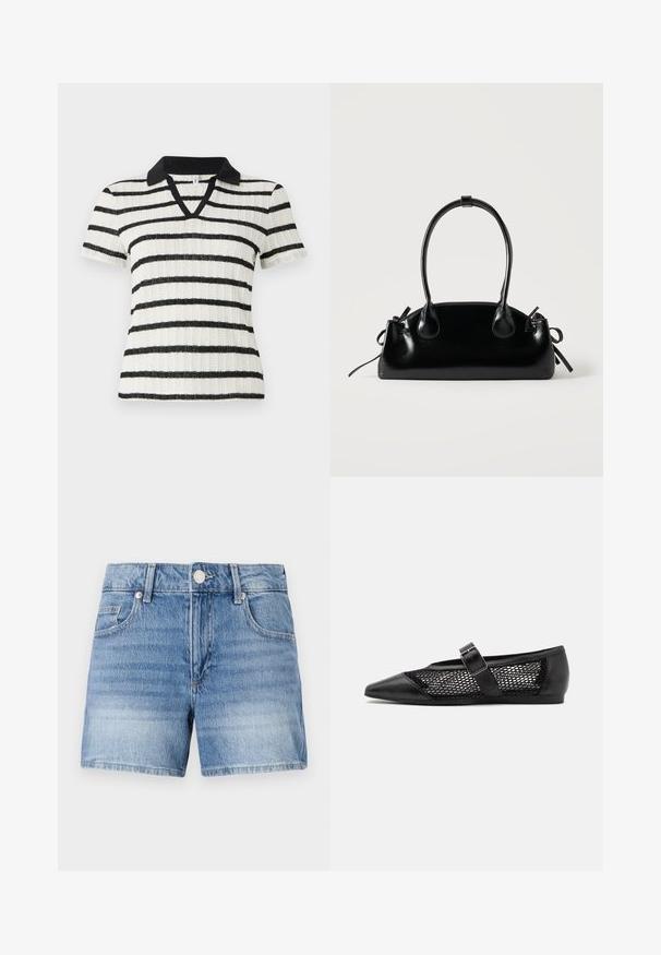Chemise blanche à manches courtes avec des rayures horizontales noires et un col polo noir. Design en V avec texture côtelée.; Shorts en denim bleu clair avec bouton devant, fermeture éclair, passants pour ceinture et poches à l'avant sur un fond blanc uni.; Chaussure plate noire avec un bout pointu, panneaux latéraux en maille et une sangle avec une boucle décorative. Fini lisse sur les sections du bout et du talon.; Petit sac à main noir brillant avec deux longues anses et des détails à cordon sur les côtés sur un fond clair uni.