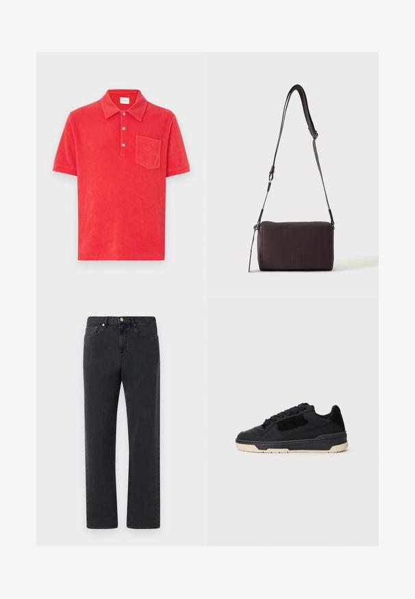 Polo rouge en tissu éponge doux, avec un col classique, une patte de boutonnage à trois boutons, et une poche plaquée sur la poitrine gauche.; Jeans en denim noir avec une coupe droite, cinq poches et des accents en métal. Le tissu présente une finition lisse et légèrement texturée.; Baskets basses noires avec semelle beige épaisse, panneaux en daim et cuir, et lacets ronds noirs, présentées en profil gauche.; Sac bandoulière en cuir marron foncé texturé avec une sangle réglable et un petit accent décoratif bleu sur le côté.