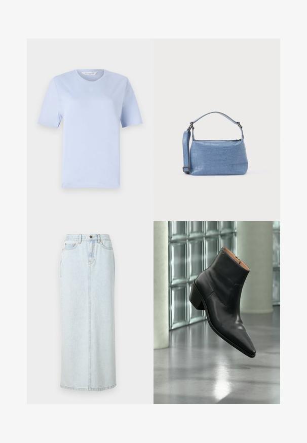 T-shirt bleu clair à manches courtes en coton doux. Il présente un col rond et un petit logo brodé sur la poitrine.; Jupe maxi en denim bleu clair avec un design droit, fermeture à boutons sur le devant et couture visible. Elle comporte deux poches avant.; Bottine en cuir noir avec un bout pointu et un talon carré lévitant au-dessus d'un sol gris réfléchissant près d'un mur en blocs de verre.; Sac à main bleu clair embossé façon crocodile avec une poignée courte et une bandoulière amovible. Texture lisse avec une fermeture éclair.