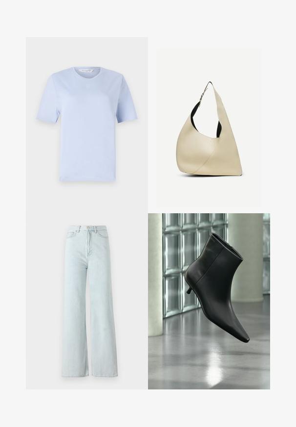 T-shirt bleu clair à manches courtes en coton doux. Il présente un col rond et un petit logo brodé sur la poitrine.; Jeans larges bleu clair à taille haute, en tissu denim. Présente une fermeture à bouton et éclair avec des poches avant.; Bottine en cuir noir à bout pointu et petit talon kitten, présentée en angle devant un sol poli et un mur en blocs de verre.; Sac à bandoulière en cuir lisse couleur crème, de forme triangulaire arrondie, avec une sangle réglable et une boucle en argent.