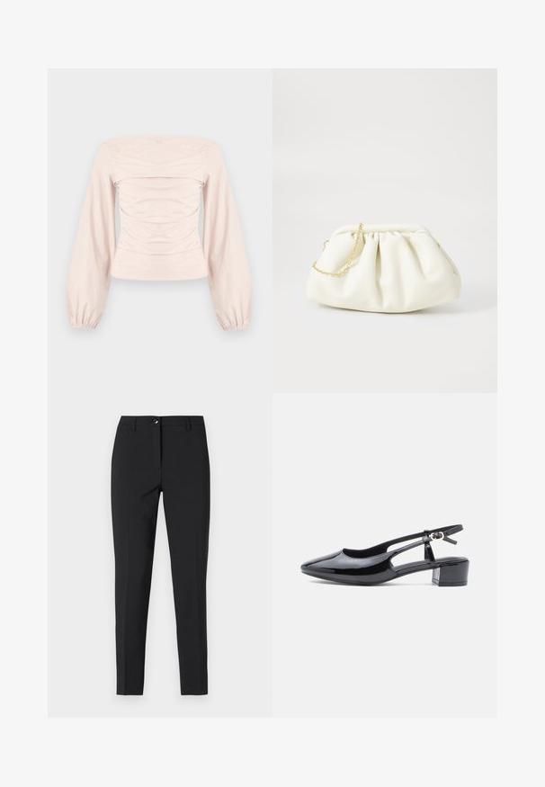 Ροζ ανοιχτόχρωμο τοπ με μακριά μανίκια και άνοιγμα στους ώμους, με ραμμένο ύφασμα στο στήθος και ελαστικά τελειώματα στα μανίκια.; Μαύρο εφαρμοστό παντελόνι από λείο ύφασμα, με κλασική ζώνη, μπροστινό φερμουάρ και πλαϊνές τσέπες σε κομψό, καλοραμμένο σχέδιο.; Μαύρο πατεντέ δερμάτινο παπούτσι slingback με μυτερή μύτη, κομμένες πλευρές και χαμηλό τακούνι τύπου block. Διαθέτει λουρί στον αστράγαλο με αγκράφα.; Λευκή δερμάτινη τσάντα με πτυχωτό σχέδιο, διαθέτοντας χρυσό αλυσίδα και στρογγυλή μορφή. Λείος υφασμάτινος τύπος με μαλακούς πτυχών και χωρίς μοτίβα.