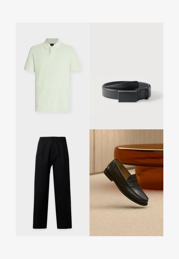 Polo manches courtes vert pastel clair avec deux boutons et un petit logo "BOSS" sur la poitrine gauche.; Pantalon noir à jambes droites avec fermeture par bouton et zip, passants pour ceinture et sans poches visibles, présenté sur un fond blanc uni.; Chaussure mocassin en cuir noir suspendue au-dessus d’un tapis beige avec du mobilier moderne couleur ambre en arrière-plan.; Ceinture en cuir noir enroulée avec une boucle noire mate rectangulaire et un logo embossé discret sur fond blanc.
