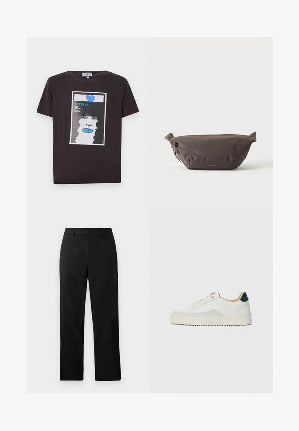 T-shirt en coton noir avec un design graphique représentant le visage d'une femme avec des lèvres bleues, de grands yeux bleus et un cœur, encadré dans un rectangle blanc.; Pantalons noirs en tissu lisse, avec un devant plat, deux poches avant et une coupe droite agrémentée de détails de couture discrets.; Baskets blanches avec des accents en daim, bout arrondi, lacets plats et semelle en caoutchouc crème. Présente une marque verte sur le talon.; Sac banane en tissu marron foncé avec poche zippée en diagonale et petit logo blanc sur le devant, sur un fond clair uni.