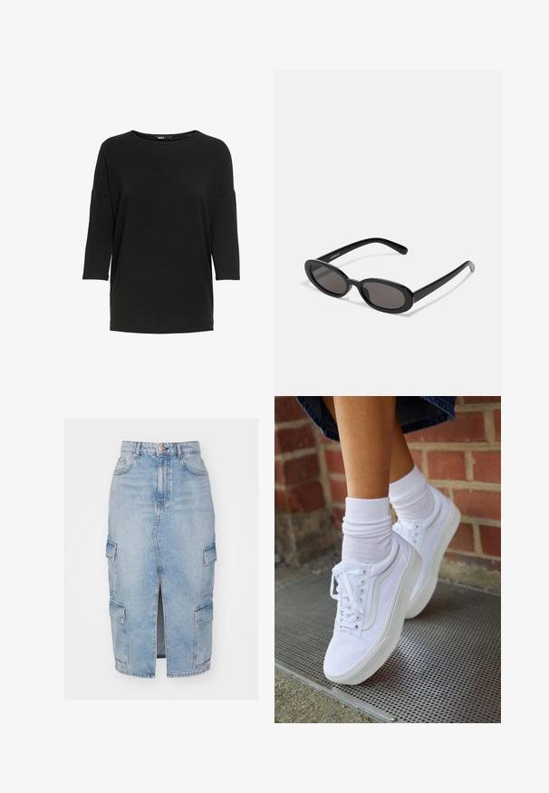 Camiseta negra de manga larga hecha de un tejido suave y texturizado. Cuenta con un cuello redondo y un corte holgado con mangas de tres cuartos.; Falda midi de mezclilla en azul claro con una abertura frontal, presenta bolsillos utilitarios a los lados y detalle de botón dorado en la cintura.; Zapatillas de lona blancas con suelas de goma, que presentan seis ojales, puntera redonda y detalles de costura ligera, combinadas con calcetines blancos hasta el tobillo.; Even&Odd Gafas de sol - black