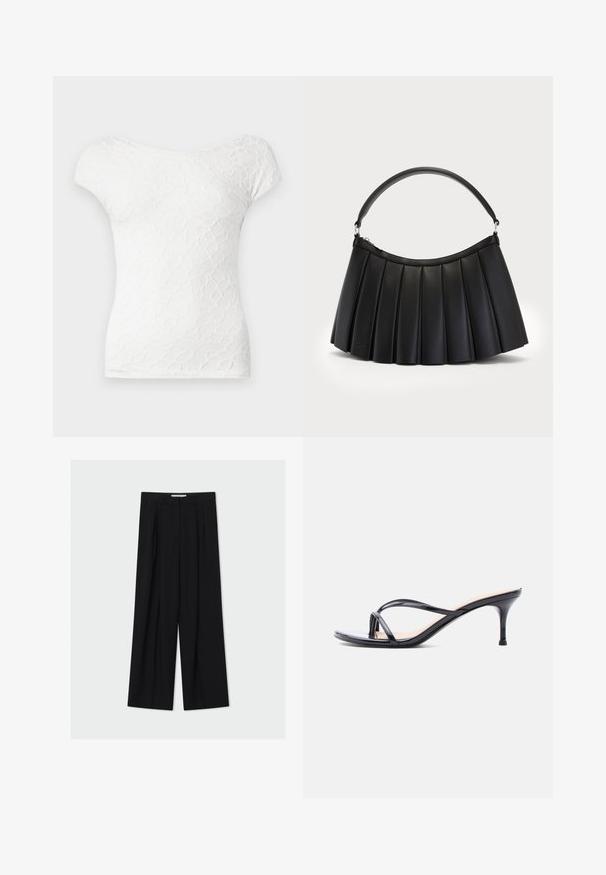 Haut court à manches courtes blanc avec un motif texturé et ondulé et un large décolleté. Tissu lisse, design ajusté, esthétique simple et épurée.; Pantalon noir taille haute à jambes larges avec passants de ceinture et plis devant, présenté sur un fond gris clair.; Sandale à talon en cuir verni noir avec fines lanières croisées et talon aiguille moyen et élancé sur fond blanc.; Sac noir plissé en simili cuir, avec une anse incurvée et une fermeture éclair sur le dessus. Texture lisse avec un design structuré.
