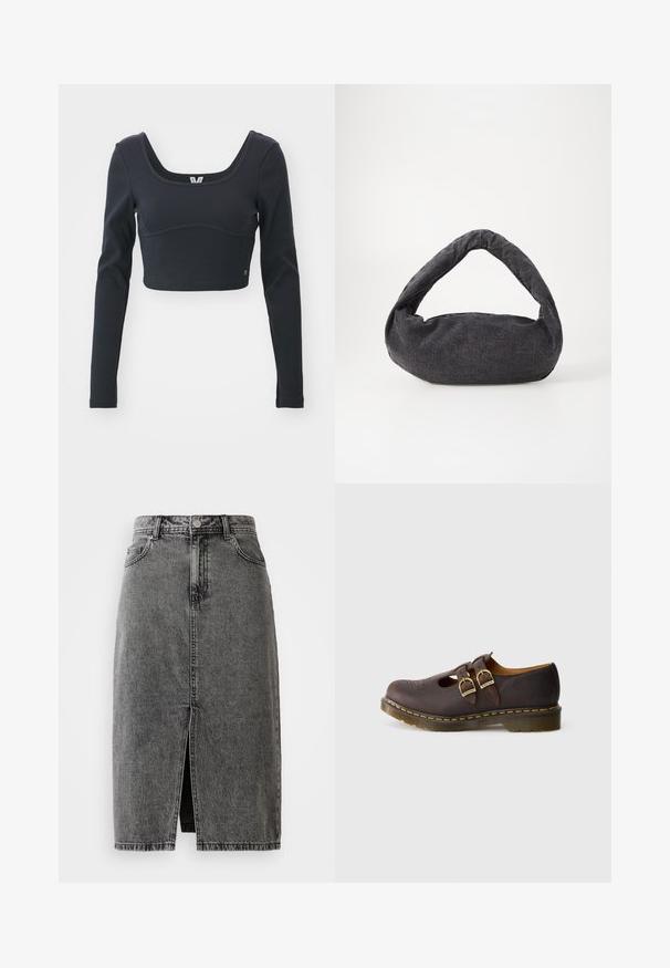 Haut court à manches longues noir en texture côtelée, présentant un large décolleté arrondi et une silhouette ajustée, avec un accent discret du logo de la marque.; Jupe midi en denim noir délavé, taille haute, avec fente frontale, passants de ceinture et design classique à cinq poches.; Chaussure en cuir marron foncé avec des sangles à double boucle, un design perforé au niveau des orteils et une semelle épaisse translucide avec des coutures jaunes.; Sac en tissu gris foncé avec une anse courbée, texture douce et forme arrondie. Pas de matériel ou d'embellissements visibles.