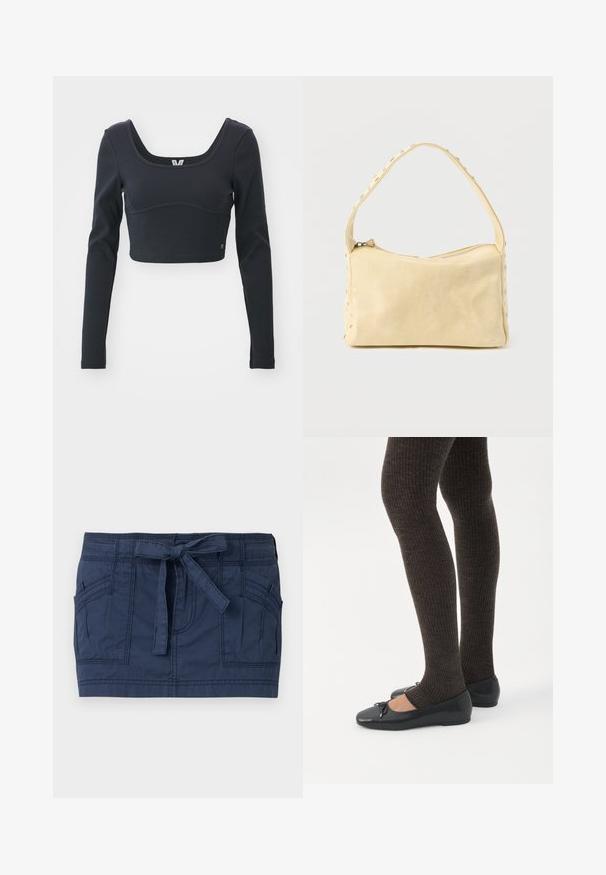 Haut court à manches longues noir en texture côtelée, présentant un large décolleté arrondi et une silhouette ajustée, avec un accent discret du logo de la marque.; Mini-jupe bleu marine avec grandes poches avant et ceinture en tissu nouée à la taille, en coton texturé.; Jambes portant des leggings côtelés foncés associés à des ballerines noires avec de petits détails en nœud sur fond blanc.; Petit sac à main en cuir beige avec une seule bandoulière et des clous argentés le long des bords et de la bandoulière, posé sur un fond uni.