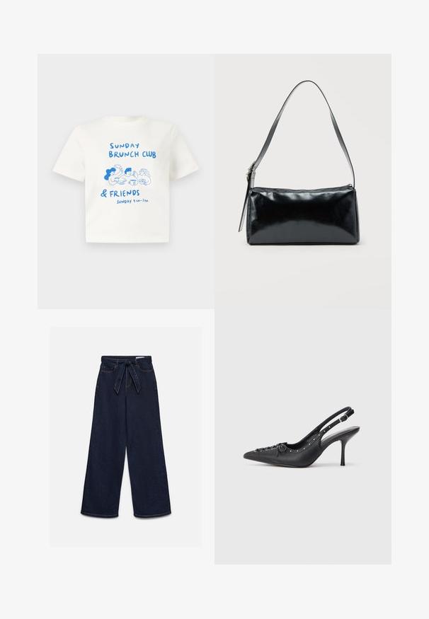 T-shirt blanc à manches courtes avec une illustration bleue de trois personnes partageant un brunch et le texte "Sunday Brunch Club & Friends Sunday 9 AM - 3 PM."; Jean taille haute bleu foncé à jambes larges avec poches avant et ceinture en tissu assortie nouée à la taille.; Escarpin en cuir noir à talon aiguille avec un bout pointu, une bride latérale à boucle, des clous le long du bord et un laçage décoratif à l'avant.; Sac d'épaule rectangulaire noir avec une sangle réglable unique et une fermeture éclair supérieure sur un fond uni.