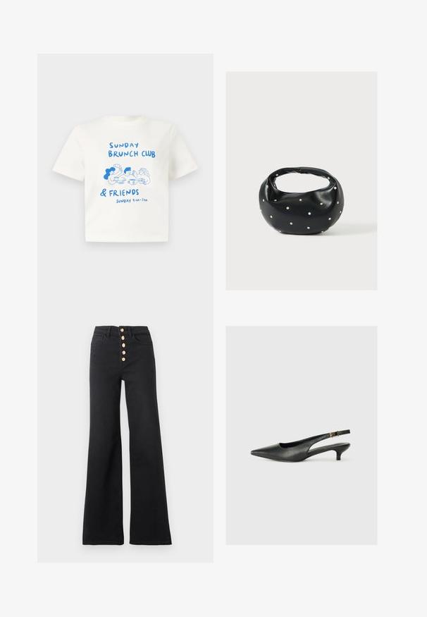 T-shirt blanc à manches courtes avec une illustration bleue de trois personnes partageant un brunch et le texte "Sunday Brunch Club & Friends Sunday 9 AM - 3 PM."; Jean noir taille haute à jambes larges avec cinq boutons dorés à l'avant et poches avant, présenté sur un fond blanc uni.; Chaussure slingback noire à bout pointu en cuir lisse. Présente un talon fin et un détail de boucle sur la sangle réglable.; Sac à main en cuir noir de forme arrondie, décoré de clous argentés et équipé d'une poignée courte. Texture lisse et fermeture éclair.