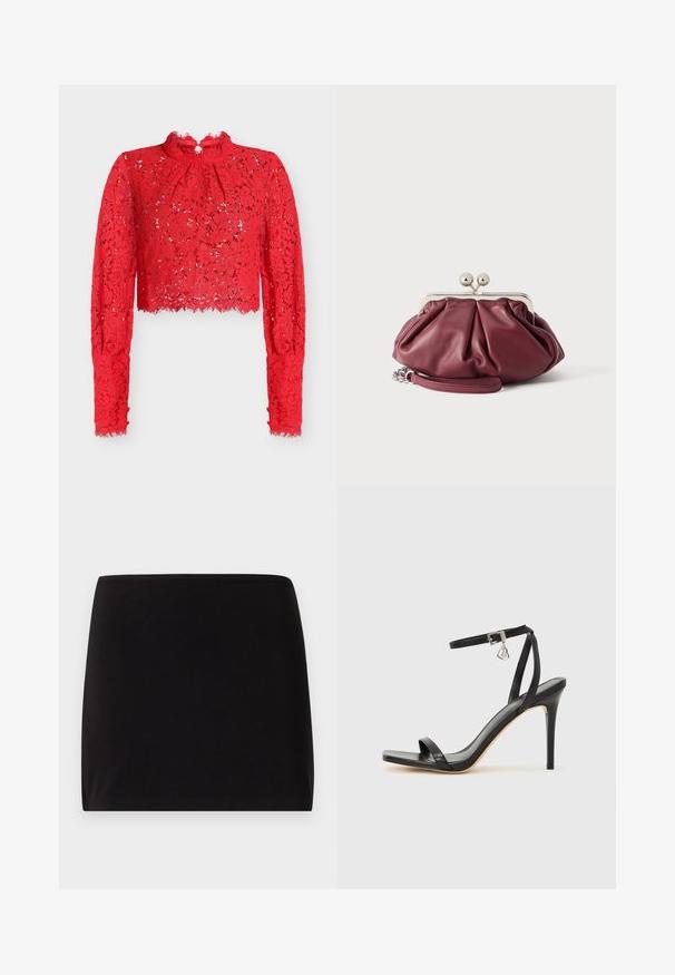 Haut court en dentelle rouge à manches longues avec un col à volants et des motifs floraux, doté d'une texture transparente et de bords festonnés.; Mini-jupe noire, unie, coupée droite, sans motifs, coutures ni ornements visibles, sur un fond neutre.; Sandale à talon haut noire avec une bride étroite à la cheville, bout carré, cuir lisse et accent de boucle métallique.; Petite pochette en cuir bordeaux avec fermoir en métal argenté et bracelet pour poignet sur fond blanc.