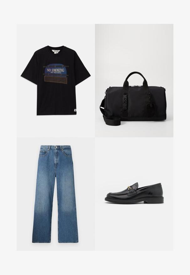 Schwarzes Baumwoll-T-Shirt mit kurzen Ärmeln, das ein grafisches Design mit dem Text "KEIN RAUCHEN" und "KEIN KÜSSEN" in blauen und weißen Akzenten zeigt.; Breite blaue Denim-Jeans mit klassischem Fünf-Taschen-Design, Knopfverschluss vorne und leichtem Verblassen für Textur.; Schwarze Lederleter mit einer abgerundeten Zehenpartie, ausgestattet mit goldenen Hardwareakzenten und Stichdetails, auf einer niedrigen, strukturierten Gummisohle.; Schwarze Sporttasche aus Nylon mit doppelten Griffen, abnehmbarem Schultergurt, geprägtem Logo und einem Gepäckanhänger. Glatte Textur.
