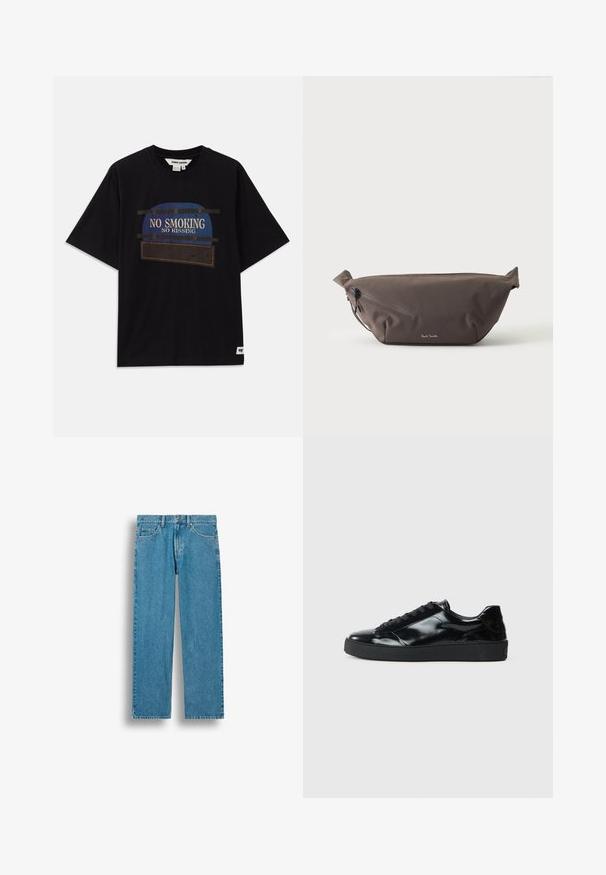 Zwarte katoenen T-shirt met korte mouwen, met een grafisch ontwerp dat de tekst "GEEN ROKEN" en "GEEN KUSSEN" in blauwe en witte accenten omvat.; Blauwe rechtvallende denim jeans met voorzakken, riemlussen en een knoopsluiting, afgebeeld tegen een witte achtergrond.; Zwarte gepatenteerde leren sneakers met een ronde neus, vetersluiting, een gestructureerde rubberen zool en een glanzende afwerking.; Donkerbruine stoffen heuptas met diagonale ritssluiting en klein wit logo aan de voorkant, tegen een effen lichte achtergrond.